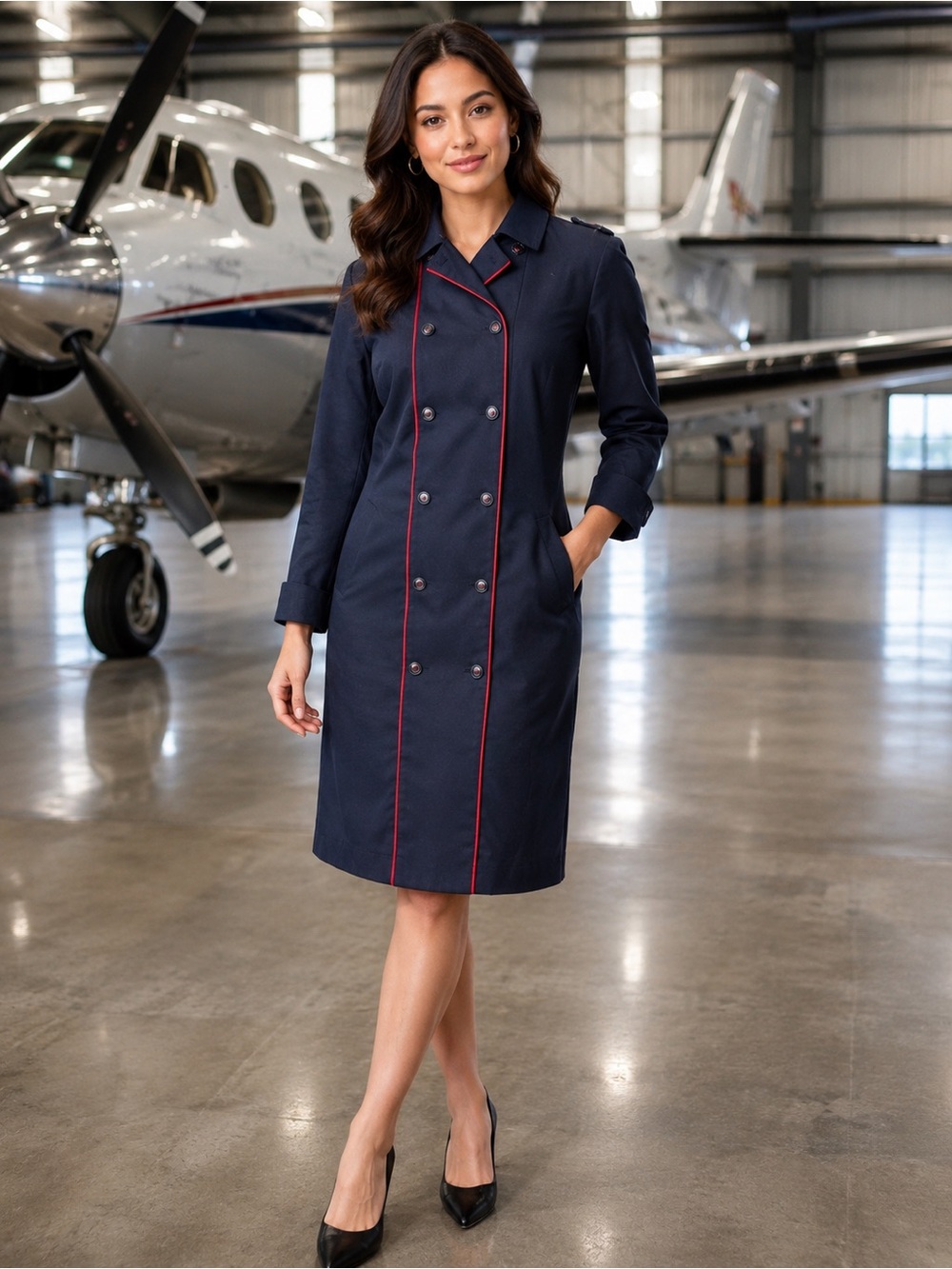 Vintage 90s Navy Midi Double-Breasted Airline Dress with Red Piping  10